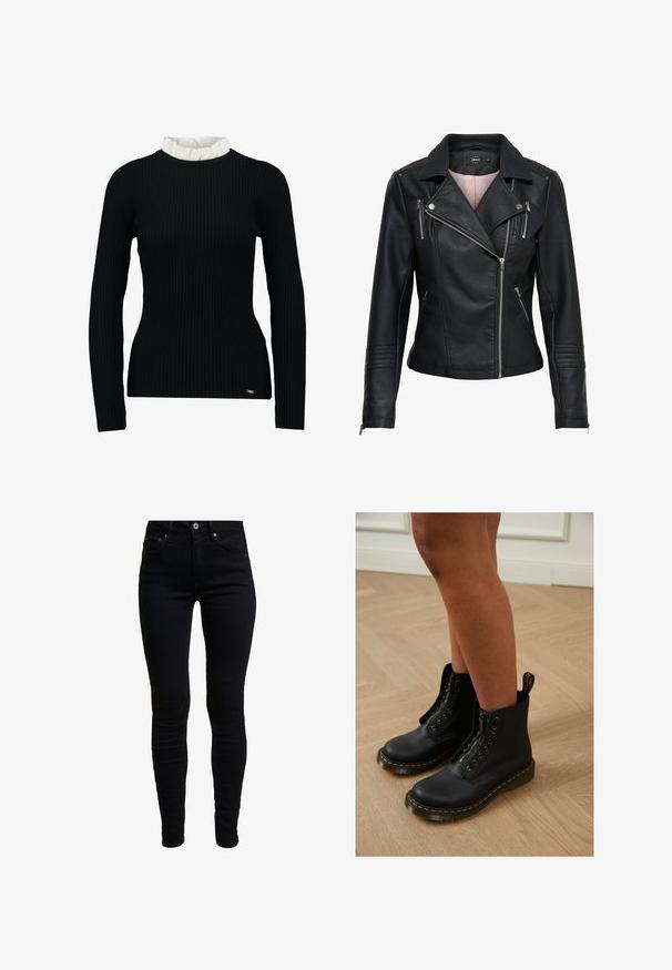 Veste de moto en cuir noir avec un col cranté, fermeture éclair frontale asymétrique, poches zippées et finitions côtelées sur les épaules et les manches.; Haut noir à manches longues côtelé avec un col en dentelle blanc, affichant une silhouette ajustée et une texture douce. Logo subtil à l'ourlet.; Jeans skinny en denim noir avec taille haute, dotés de poches avant, d'une petite poche à monnaie et d'une fermeture à bouton en métal. Tissu doux et extensible.; Bottines en cuir noir avec fermeture éclair et design à lacets, arborant des coutures jaunes et une semelle épaisse et texturée.