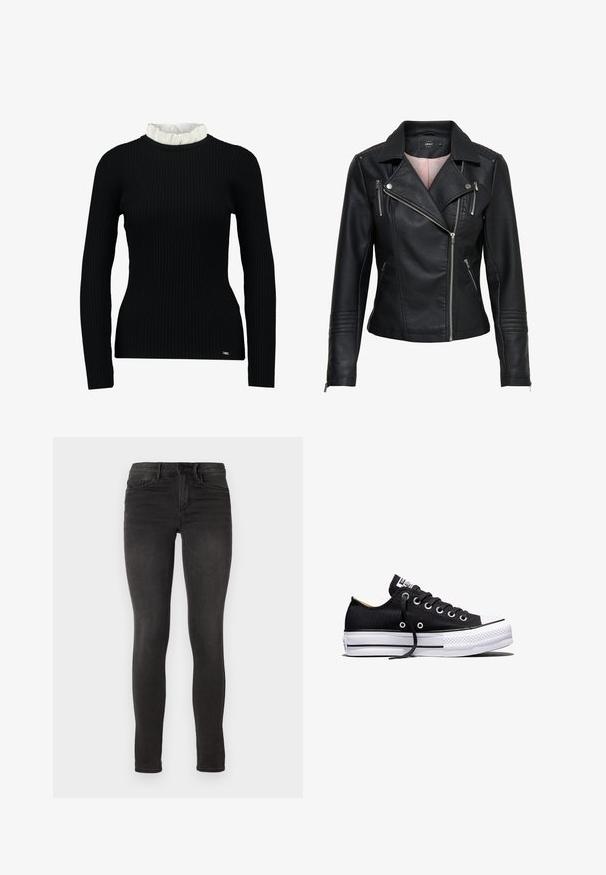 Veste de moto en cuir noir avec un col cranté, fermeture éclair frontale asymétrique, poches zippées et finitions côtelées sur les épaules et les manches.; Haut noir à manches longues côtelé avec un col en dentelle blanc, affichant une silhouette ajustée et une texture douce. Logo subtil à l'ourlet.; ONLY ONLROYAL - Jeans Skinny - black denim; Baskets basses en toile noire avec semelle plateforme en caoutchouc blanche, lacets noirs et œillets métalliques sur fond blanc.