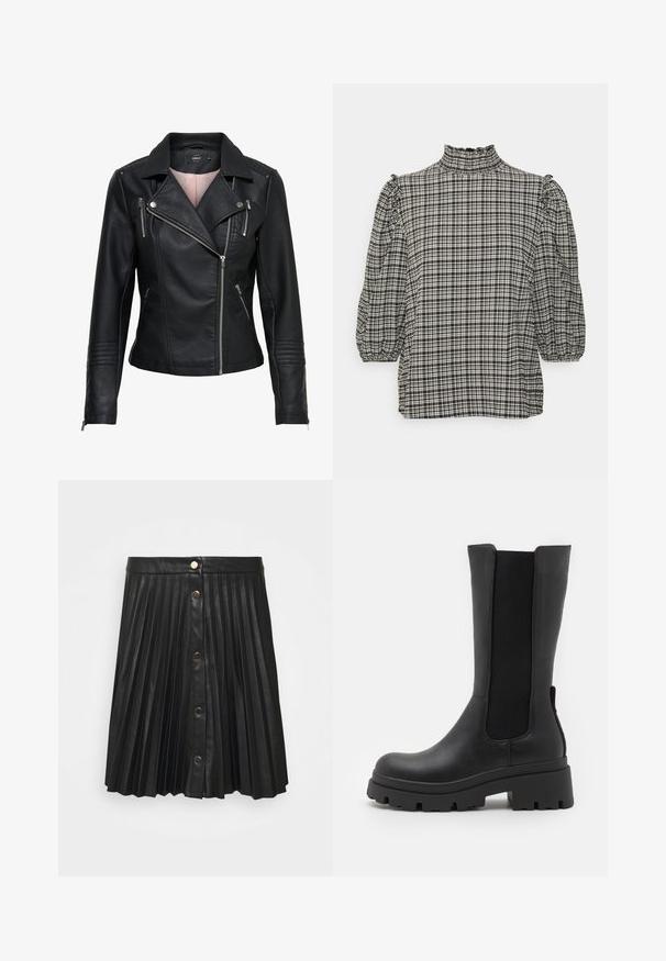 Sort læder bikerjakke med en klippet krave, asymmetrisk lynlås foran, lynlåslommer og ribbede detaljer på skuldrene og ærmerne.; 2nd Day LILITH - Bluse - black; VILA VIAMINA BUTTON SKIRT - Mini skirts - black; ONLY SHOES ONLDOJA - Plateaustøvler - black