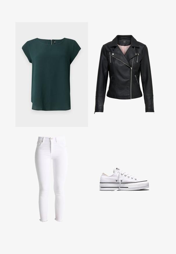 Veste de moto en cuir noir avec un col cranté, fermeture éclair frontale asymétrique, poches zippées et finitions côtelées sur les épaules et les manches.; Blouse manches courtes vert foncé à col rond avec fermeture éclair au dos, présentée sur un fond blanc uni.; Jeans skinny blancs taille haute avec poches avant, fermeture par bouton et zip, et ourlets effilochés aux chevilles.; Baskets basses en toile blanche avec lacets blancs, bandes noires sur la semelle et embout en caoutchouc texturé, vue de côté sur fond blanc.