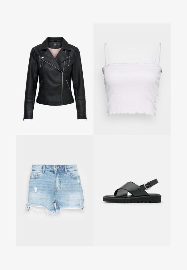 Sort læder bikerjakke med en klippet krave, asymmetrisk lynlås foran, lynlåslommer og ribbede detaljer på skuldrene og ærmerne.; Lys lilla smocket cropped top med tynde stropper og flæset halsudskæring, som har en struktureret overflade.; Denimshorts i lyseblå med en distressed finish, frynset kant og klassisk fem-lomme design. Har en metal knaplukning.; Sorte lædersandaler med et korsremdesign, justerbar spænde og en tekstureret sål med riller for bedre greb.