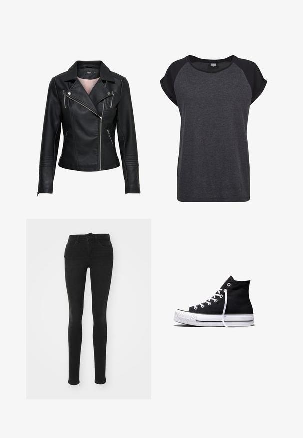 Veste de moto en cuir noir avec un col cranté, fermeture éclair frontale asymétrique, poches zippées et finitions côtelées sur les épaules et les manches.; T-shirt court noir et gris foncé à manches courtes avec un col rond et des manches raglan. Fabriqué en tissu doux et texturé. Coupe décontractée.; Jean skinny noir en denim avec taille haute, cinq poches, fermeture éclair à l'avant et texture lisse.; Baskets montantes en toile noire avec semelle en caoutchouc blanche et lacets blancs, vues de côté sur un fond blanc.