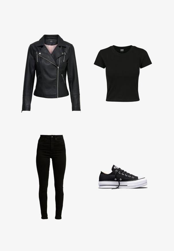 Schwarze Motorradlederjacke mit einem eingekerbten Kragen, asymmetrischem Frontreißverschluss, Reißverschlusstaschen und gerippten Akzenten an Schultern und Ärmeln.; Schwarzes Kurzarm-T-Shirt aus glattem Baumwollmaterial mit rundem Halsausschnitt und taillierter Form. Keine sichtbaren Muster oder Akzente.; Schwarze hochgeschnittene Skinny-Jeans aus Denim mit leichtem Stretch, ausgestattet mit einem Reißverschluss, einem einzelnen Knopfverschluss und einem Fünf-Taschen-Design.; Schwarzer Canvas-Sneaker in Low-Top-Form mit weißer Gummisohle auf Plateau, schwarzen Schnürsenkeln und Metallösen vor weißem Hintergrund.