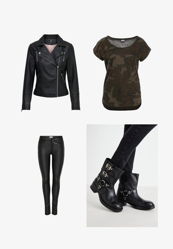 Veste de moto en cuir noir avec un col cranté, fermeture éclair frontale asymétrique, poches zippées et finitions côtelées sur les épaules et les manches.; T-shirt à motif camouflage en vert foncé et marron. Tissu doux et léger avec un col rond et des manches courtes. Détail d'ourlet arrondi.; Pantalons en faux cuir noir slim-fit avec bouton avant, fermeture à glissière et passants de ceinture, présentés sur un fond blanc.; Bottines en cuir noir avec trois accents de boucle, bout arrondi et un petit talon carré. Le design présente des panneaux lisses et texturés.