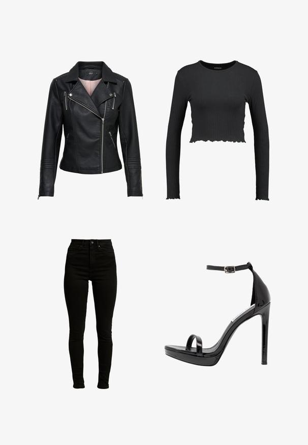 Schwarze Motorradlederjacke mit einem eingekerbten Kragen, asymmetrischem Frontreißverschluss, Reißverschlusstaschen und gerippten Akzenten an Schultern und Ärmeln.; Schwarz gerippter Langarm-Crop-Top mit einem runden Halsausschnitt und gewelltem Saum. Hergestellt aus einem dehnbaren Material für einen figurschmeichelnden Look.; Schwarze hochgeschnittene Skinny-Jeans aus Denim mit leichtem Stretch, ausgestattet mit einem Reißverschluss, einem einzelnen Knopfverschluss und einem Fünf-Taschen-Design.; Steve Madden MILANO - High Heel Sandalette - black