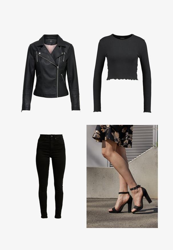 Sort læder bikerjakke med en klippet krave, asymmetrisk lynlås foran, lynlåslommer og ribbede detaljer på skuldrene og ærmerne.; Sort ribbet langærmet crop top med rund halsudskæring og bølget kant. Fremstillet af et strækbart materiale for en tætsiddende pasform.; Sorte højtaljede skinny jeans fremstillet af denim med let stræk, med lynlås, enkelt knaplukning og fem-lomme design.; Sorte ruskinds høje hæle sandaler har et ankelstrop med spænde, åben tå design og en kraftig hæl. Glat tekstur og minimalistisk stil.