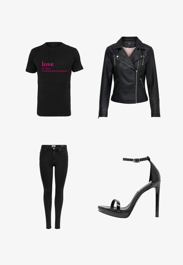 Zwarte leren motorjack met een met een indented kraag, asymmetrische rits aan de voorkant, ritszakken en geribbelde accenten op de schouders en mouwen.; Zwarte katoen t-shirt met roze tekst die "liefde" zegt en de Latijnse definitie, gecentreerd op de voorkant. Korte mouwen en ronde hals ontwerp.; Zwarte skinny jeans met voorzakken, riemlussen en knoopsluiting, weergegeven tegen een witte achtergrond.; Steve Madden MILANO - Sandalen met hoge hak - black