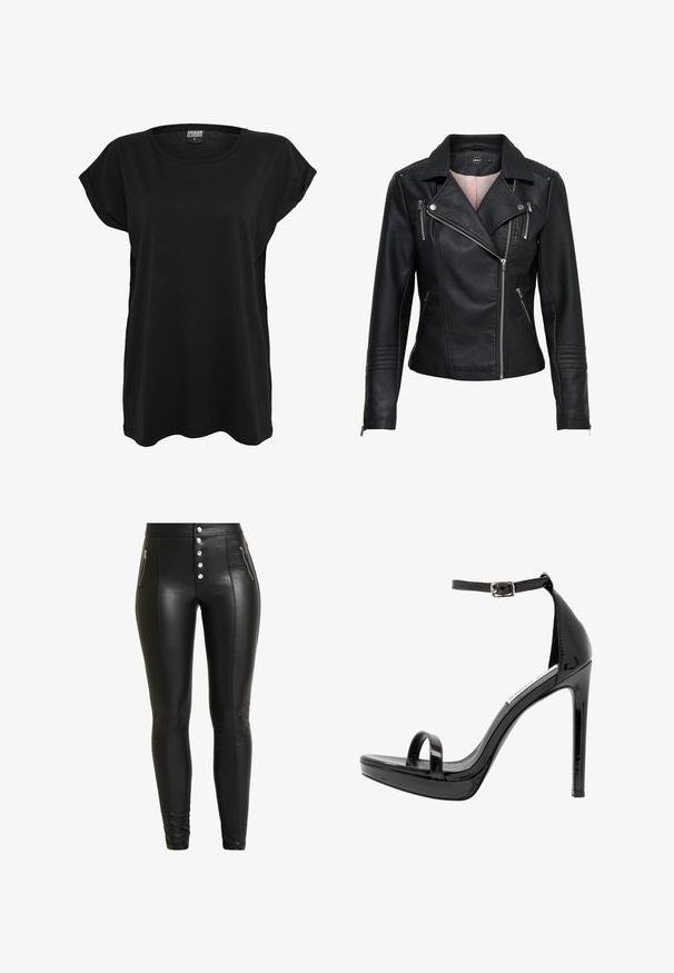 Veste de moto en cuir noir avec un col cranté, fermeture éclair frontale asymétrique, poches zippées et finitions côtelées sur les épaules et les manches.; T-shirt en coton noir avec des manches courtes, un col rond et une coupe décontractée. Présente une étiquette sur le col. Texture lisse et design simple.; Pantalons noirs en cuir synthétique taille haute avec fermeture à cinq boutons, deux poches zippées et une coupe ajustée, présentant des détails de couture à l'avant.; Steve Madden MILANO - Sandales à talons hauts - black