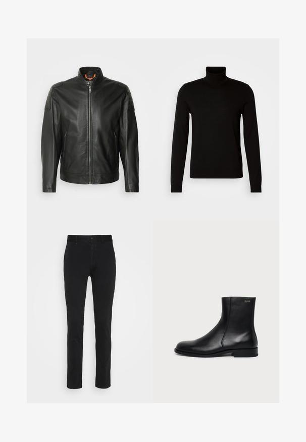 Chaqueta de cuero negra con cierre de cremallera, cuello elevado y detalles en los hombros. Presenta parches texturizados en los hombros y bolsillos laterales.; Suéter negro de cuello alto confeccionado en un tejido de punto fino, con mangas largas y una silueta ajustada. Textura suave con puños acanalados.; Chinos de algodón negros con un corte ajustado, que cuentan con una cintura estándar, bolsillos frontales y un solo bolsillo trasero. Textura suave y detalles mínimos.; Botín negro de cuero con tacón bajo, costura lateral y pequeño logo "HUGO" en el puño superior sobre un fondo liso.