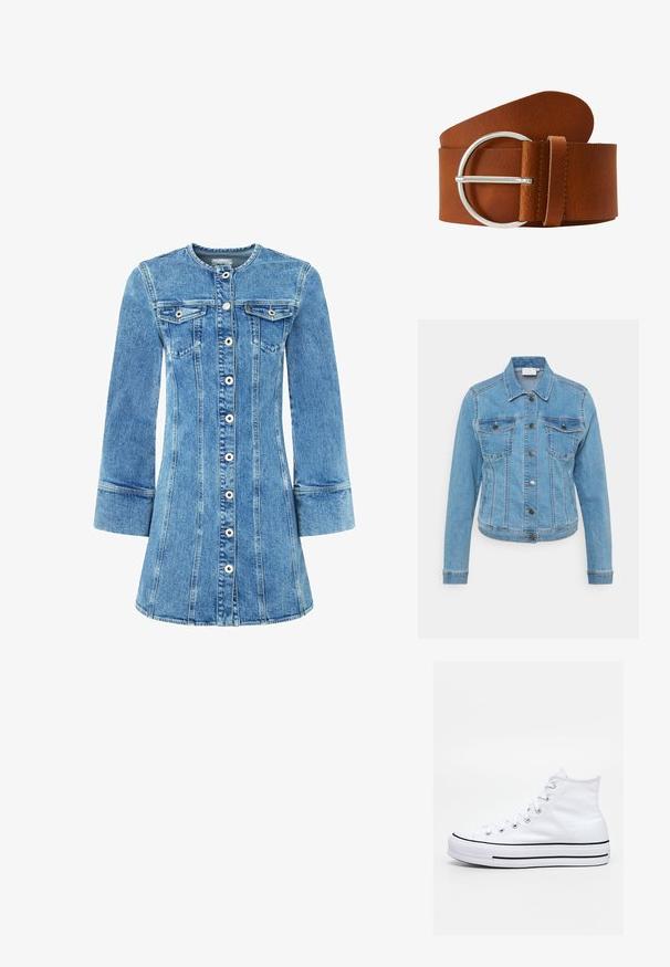Heledsinine teksajakk nupuvajutusega, kahte rinna taskut ja pika varruga. Omab kontrastset tikandit ja klassikalist krae kujundust.; Denimkleit heledsinise pesuga, nupuga ees, kahe rinnataskuga ja pikkade varrukatega. Omab struktureeritud õmblusi ja laienevat seelikut.; Valge kõrge säärega toss musta triibuga tallal, paelad seotud, paistmas hõljuvat kivi pinna ja ääre taustal.; Pruun nahkrihm laia, sileda rihmaga, millel on ümmargune hõbedane metallist lukk ja õmmeldud silmus.