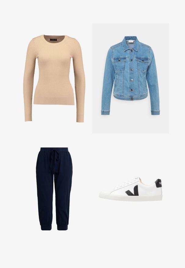 Denimjakke i lys blå med knaplukning, to brystlommer og lange ærmer. Har kontrastsyninger og et klassisk kravedesign.; Ribbet langærmet sweater i lys beige, lavet af strækbart stof. Har en rund halsudskæring og tætsiddende silhuet med ribbede manchetter.; Marineblå joggingbukser lavet af blødt stof. Har en elastisk talje med snøre og manchetter ved anklerne for en afslappet pasform.; Hvide sneakers med et sort V-logo, der har en glat læderoverdel, rund tå, snørrelukning og en kontrasterende sort hælflap.