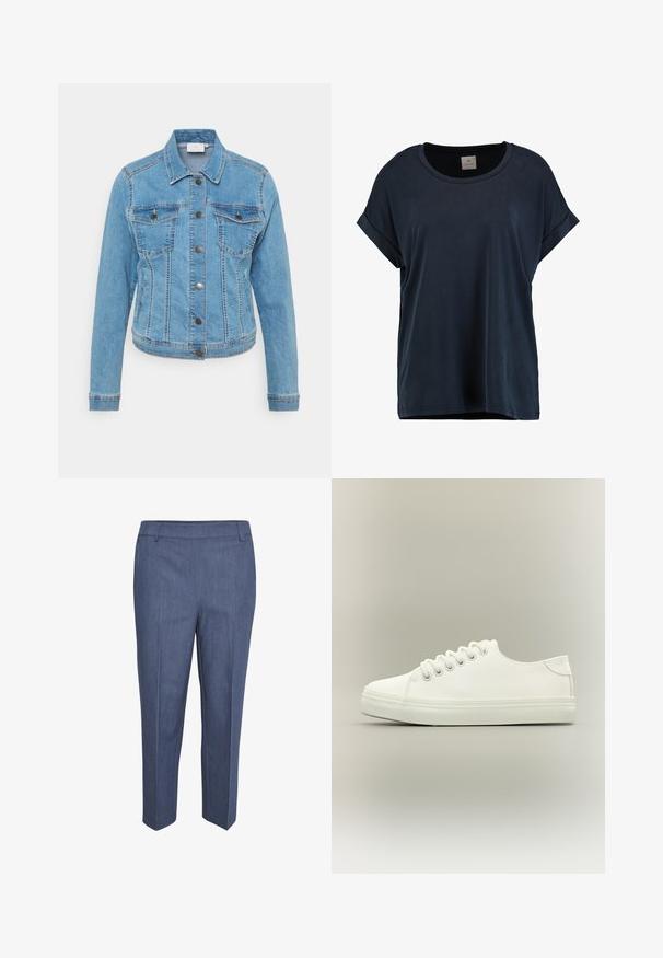Veste en denim bleu clair avec fermeture à bouton, deux poches poitrine et manches longues. Présente des coutures contrastées et un design de col classique.; T-shirt à manches courtes bleu marine foncé en tissu doux et lisse, avec un col rond et des manches retroussées, à coupe décontractée et sans motifs visibles.; Pantalons sur mesure en tissu bleu foncé avec une texture subtile. Présentent un devant plat, des jambes droites et une taille mi-haute. Pas de poches visibles.; Baskets basses blanches avec lacets blancs et semelle en caoutchouc, vues de côté sur un fond neutre.