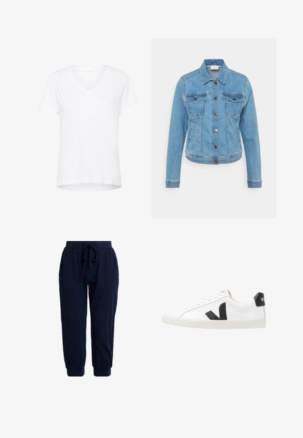 Leren jasje in lichtblauw met knoopsluiting, twee borstzakken en lange mouwen. Heeft contrasterende stiksels en een klassiek kraagontwerp.; Witte T-shirt met korte mouwen en V-hals, gemaakt van zachte stof, met een relaxte pasvorm en rechte zoom met minimale stikdetails.; Donkerblauwe joggingbroek gemaakt van zachte stof. Voorzien van een elastische tailleband met trekkoord en gebreide boorden bij de enkels voor een comfortabele pasvorm.; Witte sneaker met een zwart V-logo, voorzien van een gladleren bovenwerk, ronde neus, vetersluiting en een contrasterende zwarte hieltab.