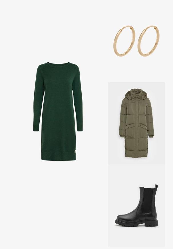 Abrigo de plumas verde oliva con cuello alto, capucha ajustable, puños acanalados y dos bolsillos frontales. Diseño texturizado y acolchado con botones a presión.; Vestido verde de punto con mangas largas, escote redondo y puños acanalados. Presenta una pequeña etiqueta con el logo cerca del dobladillo.; Botas de cuero negro hasta el tobillo con paneles laterales elásticos, punta redondeada y suela resistente con surcos de tracción pronunciados.; Pendientes de aro de oro con un acabado suave y pulido. Forma redondeada, tamaño mediano, con un mecanismo de cierre seguro.