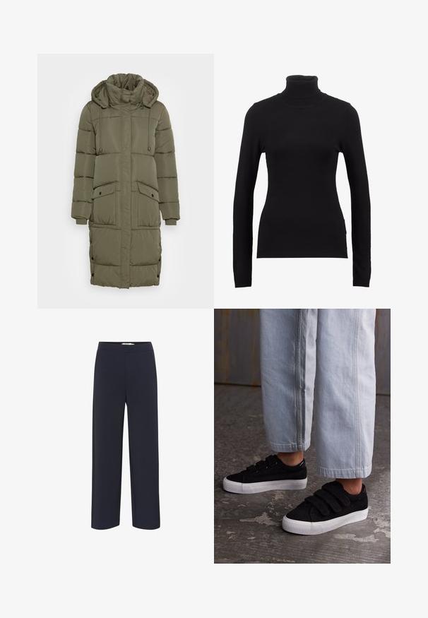 Olivgrüner Puffer-Mantel mit hohem Kragen, verstellbarem Kapuzenzug, gerippten Bündchen und zwei Fronttaschen. Texturiertes, gestepptes Design mit Druckknöpfen.; Schwarzer Rollkragenpullover aus weichem Stoff mit langen Ärmeln und einer figurschmeichelnden Silhouette. Schlichtes Design ohne sichtbare Muster oder Verzierungen.; Marineblaue, weit geschnittene Hose aus weichem Stoff mit elastischem Bund und ohne sichtbare Taschen oder Verzierungen.; Schwarze Cord-Sneaker mit drei Klettverschlüssen und einer strukturierten Oberfläche. Niedrigprofilierte weiße Gummisohle. Getragen mit hellblauen, verkürzten Hosen.