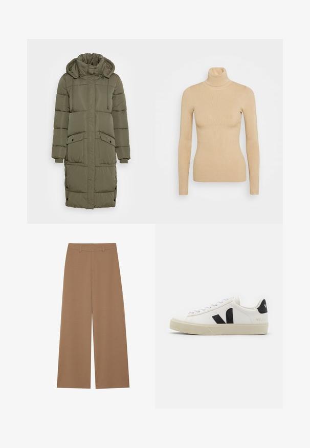 Oliven grøn pufferjakke med høj krave, snoretræk i hætten, ribbede manchetter og to forlommer. Tekstureret, quiltet design med trykknapper.; Beige ribbet rullekravesweater med lange ærmer, der har en tætsiddende silhuet og en glat overflade. Ingen synlig hardware eller mønstre.; Vide benbukser i en ensfarvet brun farve, lavet af et tekstureret stof; har høj talje og struktureret design med bæltestropper.; Hvide lædersneakers med sort gummiv V-logo. Tekstureret off-white sål, hvide snørebånd og bagside med brandnavn i sort.