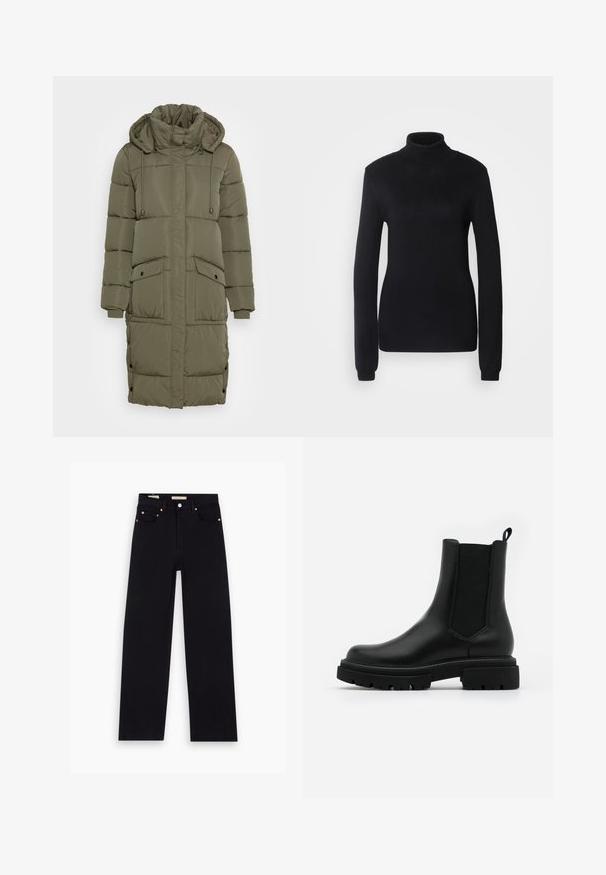 Manteau matelassé vert olive avec un col montant, une capuche à cordon de serrage, des poignets côtelés et deux poches avant. Design texturé avec des boutons pression.; Pull en col roulé noir fabriqué dans un tissu en maille douce, présentant des manches longues et une silhouette ajustée avec un col et un ourlet côtelés.; Jean en denim noir avec une coupe droite, cinq poches, matériel en cuivre et texture lisse. Deux étiquettes visibles sur la taille.; Des bottes Chelsea noires en cuir présentent une surface lisse, des panneaux latéraux élastiques, une languette et une semelle en caoutchouc épaisse avec un motif texturé.