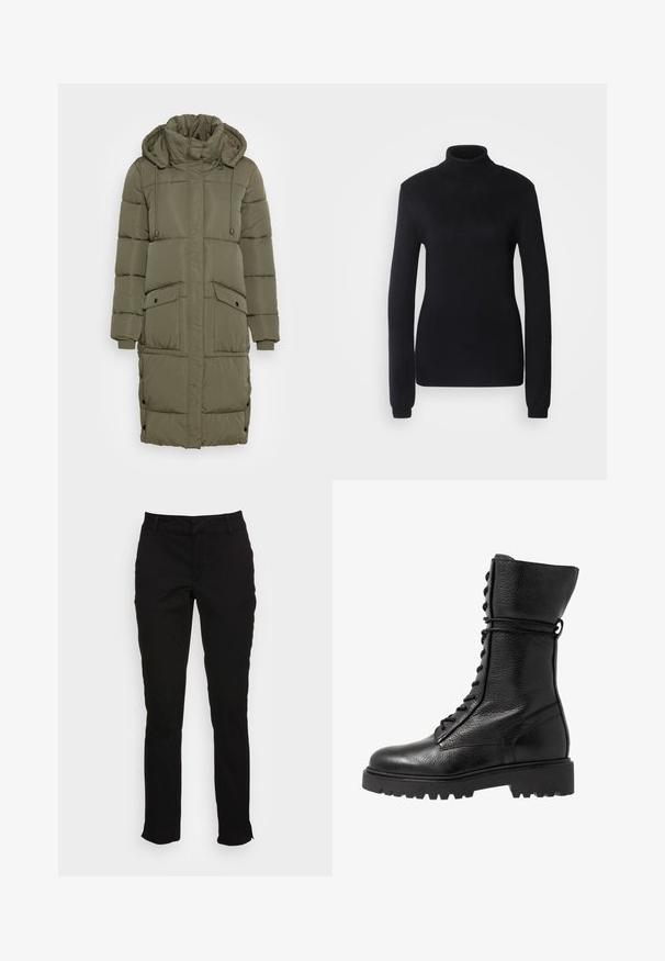 Oliven grøn pufferjakke med høj krave, snoretræk i hætten, ribbede manchetter og to forlommer. Tekstureret, quiltet design med trykknapper.; Sort turtleneck sweater lavet af et blødt strikstof, med lange ærmer og en tætsiddende silhuet, der har ribbet krave og kant.; Sorte bomuldsbukser med en slim fit, lige ben, bæltestropper og forlommer. Glat tekstur med diskrete stikninger.; Sorte læder kampstøvler med en struktureret overflade, knæhøjt design, snørebånd foran og en kraftig gummisål med rillemønster.