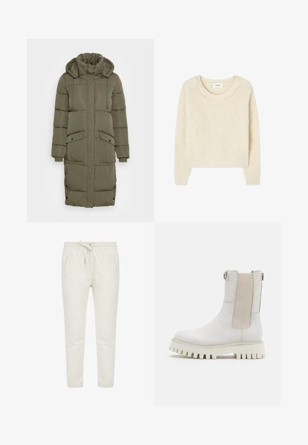 Olivgrüner Puffer-Mantel mit hohem Kragen, verstellbarem Kapuzenzug, gerippten Bündchen und zwei Fronttaschen. Texturiertes, gestepptes Design mit Druckknöpfen.; Cremefarbener Strickpullover mit rundem Ausschnitt und geripptem Muster, ausgestattet mit langen Ärmeln und lockerem Schnitt. Keine sichtbaren Applikationen oder Muster.; Helle beiger, tapered Schnitt Hose aus weichem Material mit elastischem Bund, verstellbarem Kordelzug und zwei Seitentaschen.; Bronx GROOV-Y - Plateaustiefelette - winter white