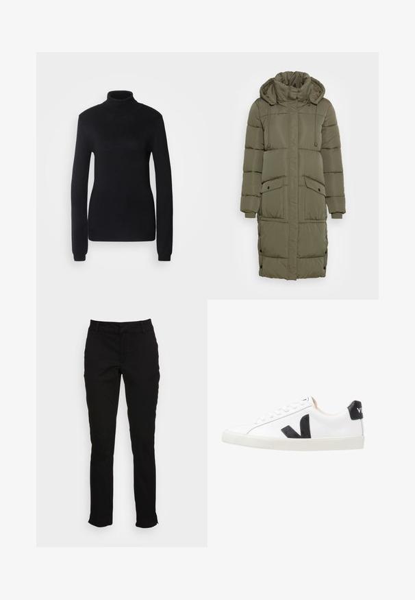 Manteau matelassé vert olive avec un col montant, une capuche à cordon de serrage, des poignets côtelés et deux poches avant. Design texturé avec des boutons pression.; Pull en col roulé noir fabriqué dans un tissu en maille douce, présentant des manches longues et une silhouette ajustée avec un col et un ourlet côtelés.; Pantalons en coton noir avec une coupe slim, jambes droites, passants de ceinture et poches avant. Texture lisse avec des détails de couture subtils.; Baskets blanches avec un logo V noir, présentant un dessus en cuir lisse, un bout rond, un système de laçage et un empiècement au talon noir contrastant.