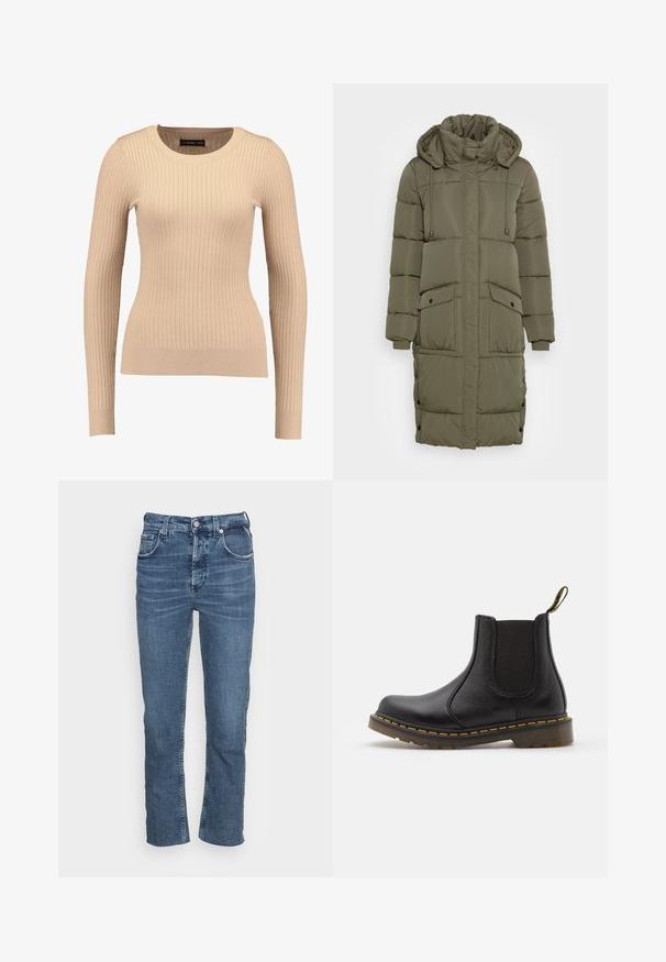 Oliven grøn pufferjakke med høj krave, snoretræk i hætten, ribbede manchetter og to forlommer. Tekstureret, quiltet design med trykknapper.; Ribbet langærmet sweater i lys beige, lavet af strækbart stof. Har en rund halsudskæring og tætsiddende silhuet med ribbede manchetter.; Klassiske blå denimjeans med en slank lige pasform, fem lommer, lynlås og en let slidte tekstur for et afslappet udseende.; Sort læder Chelsea-støvle med elastiske sidepaneler, afrundet tå, gule syninger, gummisål og en trækflig på bagsiden for nem påtagning.