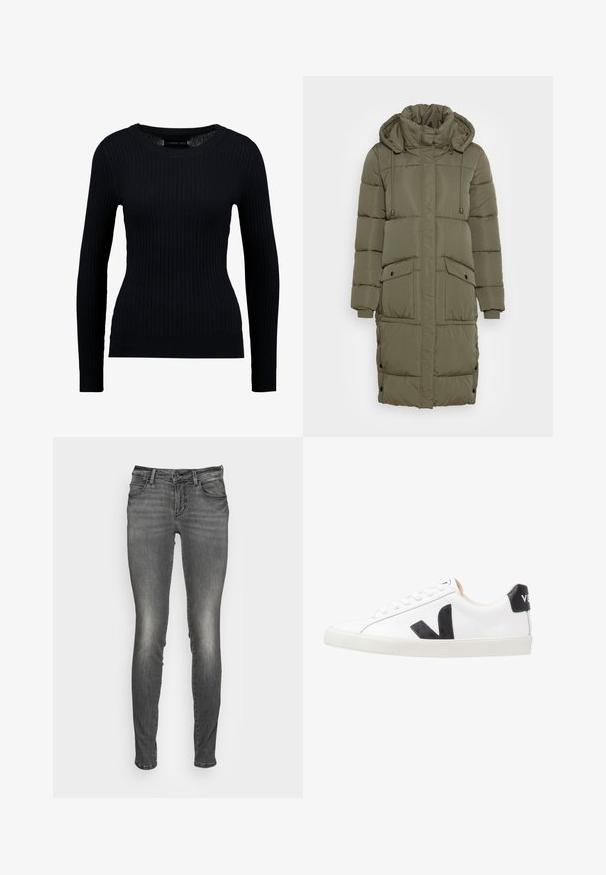 Oliven grøn pufferjakke med høj krave, snoretræk i hætten, ribbede manchetter og to forlommer. Tekstureret, quiltet design med trykknapper.; Sort ribbet langærmet sweater med rund halsudskæring og tætsiddende silhuet. Teksturen er glat med en subtil strækbarhed.; Grå denimjeans med slank pasform, der har en let falmet tekstur, forlommer og en lynlåsåbning med knaplukning.; Hvide sneakers med et sort V-logo, der har en glat læderoverdel, rund tå, snørrelukning og en kontrasterende sort hælflap.