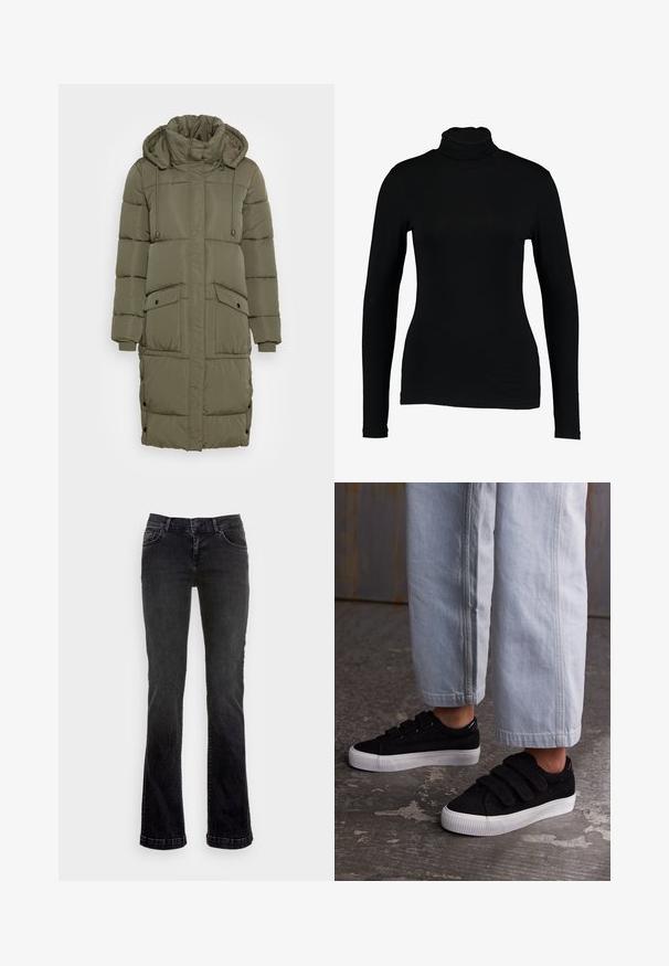 Manteau matelassé vert olive avec un col montant, une capuche à cordon de serrage, des poignets côtelés et deux poches avant. Design texturé avec des boutons pression.; T-shirt noir à manches longues et col roulé en tissu lisse, avec une coupe ajustée et un col haut, idéal pour les superpositions ou à porter seul.; Jeans flare en denim noir avec un design classique à cinq poches, dotés d'une fermeture à bouton et à fermeture éclair, et de détails de couture subtils.; Baskets en velours côtelé noir avec trois bandes Velcro et un dessus texturé. Semelle en caoutchouc blanc à profil bas. Portées avec un pantalon cropped bleu clair.