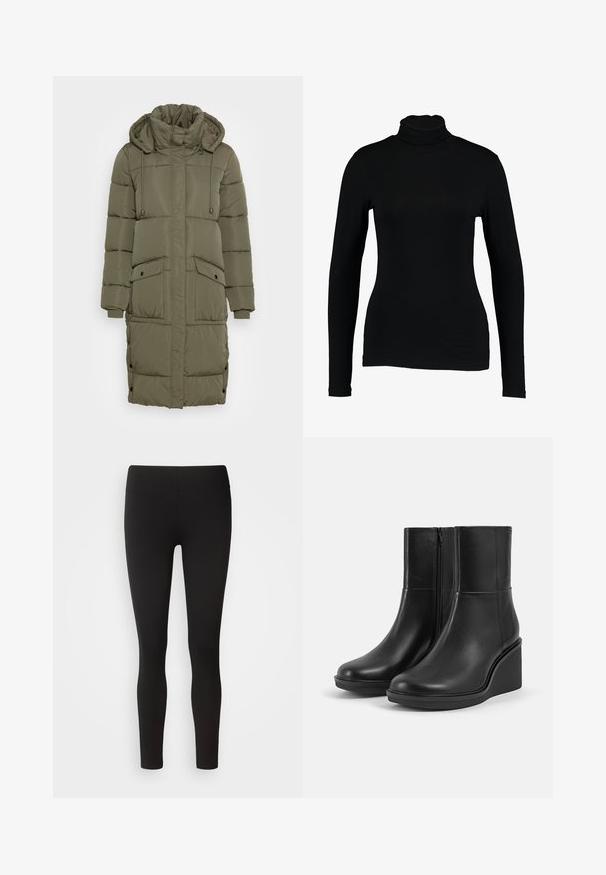 Oliven grøn pufferjakke med høj krave, snoretræk i hætten, ribbede manchetter og to forlommer. Tekstureret, quiltet design med trykknapper.; Sort langærmet turtleneck top lavet af glat stof, med et tætsiddende design og høj hals, velegnet til lag-på-lag brug eller som en selvstændig beklædningsgenstand.; Sorte leggings lavet af strækbart stof med en sømløs talje, tætsiddende design og glat tekstur, velegnet til forskellige aktiviteter.; Par sorte læderankelstøvler med kilehæl og sidelommer, vist på en hvid baggrund.