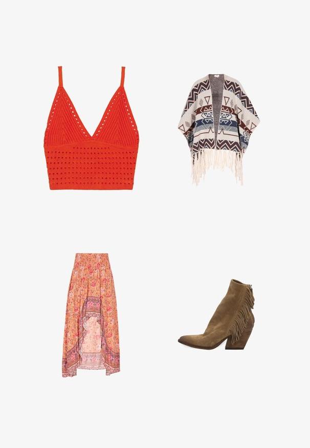 Musterponcho mit geometrischen Designs in Rot, Blau und Creme. Hergestellt aus strukturiertem Stoff mit cremefarbenen Fransen am Saum.; Roter gestrickter BH-Top mit V-Ausschnitt, dünnen Trägern, strukturiertem Muster mit Löchern und einem figurbetonten Bündchen am unteren Ende.; Florale Maxiröhre mit einem gerafften Taillenbund, in Orange mit rosa und roten Blumen sowie kontrastierenden gemusterten Saumdetails.; Hellbrauner Wildleder-Knöchelstiefel mit gestapeltem Blockabsatz, Fransen entlang der hinteren Naht und Reißverschluss.