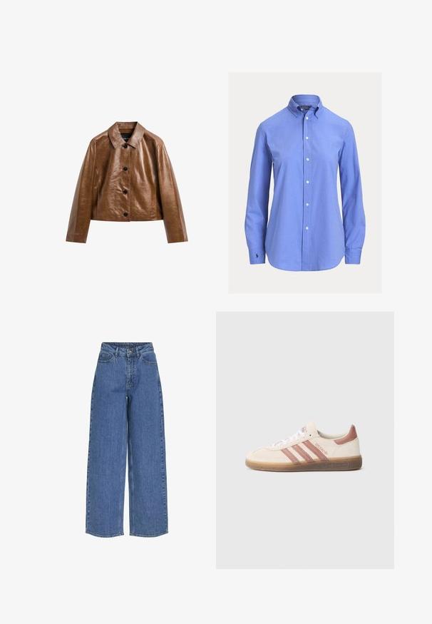 Brun cropped jakke i imiteret læder med lange ærmer, spids krave og fire sorte knapper foran.; Blå langærmet skjorte med knapper, klassisk krave og lille broderet logo på venstre manchet.; Bredde ben blå jeans med høj talje, lavet af denimstof. Egenskaber inkluderer frontlommer og knaplukning. Klassisk afslappet design.; Beige ruskindssneaker med pink detaljer, tre pink striber, hvide snørebånd og en gennemsigtig gummisål. "Spezial" branding på siden.