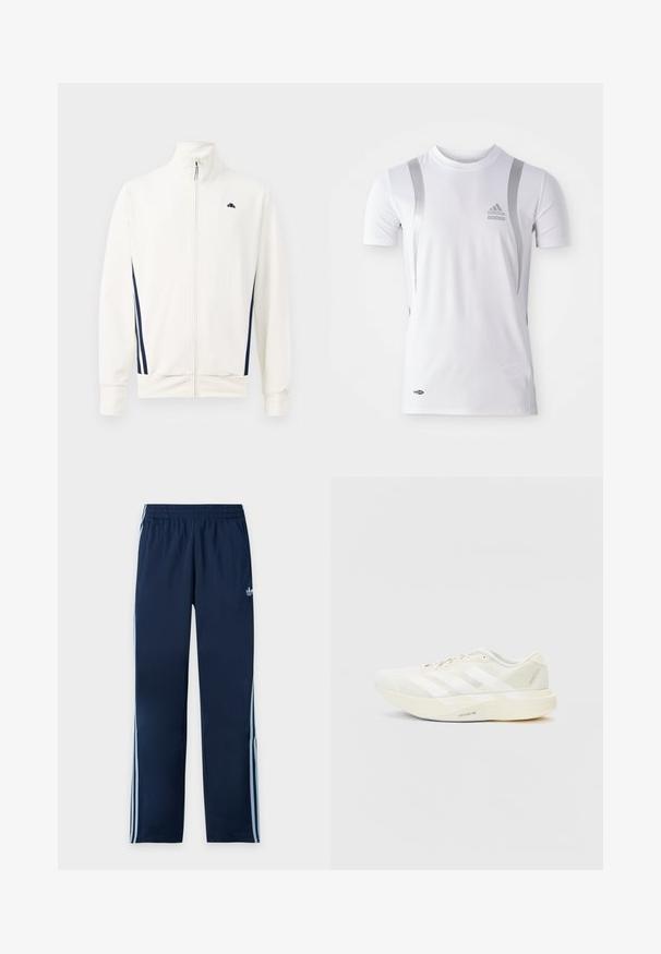 Hvid zip-jakke lavet af glat stof med marineblå sidelister. Høj krave og logo på venstre bryst. Standard pasform.; Hvid kortærmet træningsskjorte med sølvdetaljer, med rund hals og et Adidas-logo på brystet. Lavet af fugttransporterende materiale.; Mørkeblå Adidas træningsbukser med lyseblå tre striber ned langs siderne og elastisk talje, vist fladt på hvid baggrund.; Hvid atletiksko med mesh-overdel, prydet med tre hvide striber, rund tå og en lys sål mærket "LIGHTSTRIKE PRO."