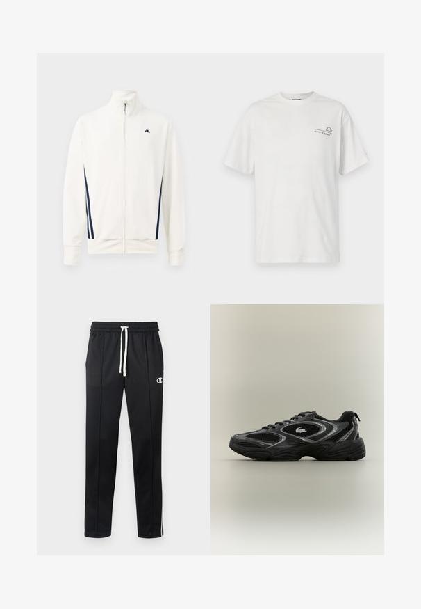 Chaqueta blanca con cremallera hecha de un tejido suave que presenta rayas laterales en azul marino. Cuello alto y logo en el lado izquierdo del pecho. Corte estándar.; Camiseta de algodón blanco con mangas cortas, cuello redondo y un diseño impreso que presenta coordenadas en el lado izquierdo del pecho y un elemento gráfico.; Pantalones deportivos negros con cordón blanco, rayas laterales, bolsillos frontales y un pequeño logo blanco de Champion en el muslo izquierdo.; Zapatilla deportiva negra y gris con paneles de malla, diseño de cordones, suela gruesa y un pequeño logo de cocodrilo en el costado.