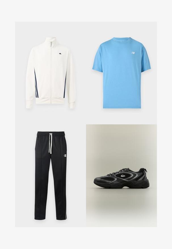 Biela zip-up bunda vyrobená z hladkej látky s námorníckymi modrými pruhmi po stranách. Vysoký golier a logo na ľavej hrudi. Štandardné strih.; Svetlomodré tričko s krátkym rukávom a okrúhlym výstrihom s malým bielym logom New Balance na ľavej hrudi.; Čierne športové nohavice s bielym šnúrkovým pásom, bočnými pruhmi, prednými vreckami a malým bielym logom Champion na ľavom stehne.; Čierne a šedé atletické tenisky s sieťkovými panelmi, šnurovací dizajn, hrubá podrážka a malá krokodílová logo na boku.