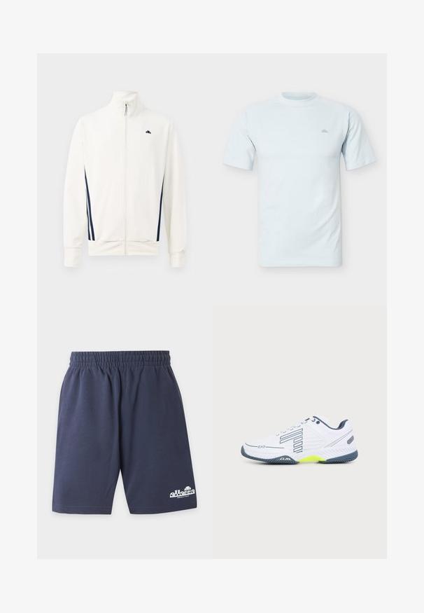 Veste blanche zippée en tissu lisse, avec des rayures latérales bleu marine. Col haut et logo sur la poitrine à gauche. Coupe standard.; T-shirt uni bleu clair à manches courtes et col rond avec un petit logo discret sur la poitrine gauche.; Shorts décontractés bleu marine avec taille élastique et logo Ellesse blanc en bas à gauche de la jambe.; Chaussure de sport blanche avec semelle gris foncé, accent jaune clair, design rayé noir et logo EA7 sur le côté, affichée sur un fond uni.