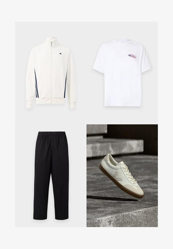 Biela zip-up bunda vyrobená z hladkej látky s námorníckymi modrými pruhmi po stranách. Vysoký golier a logo na ľavej hrudi. Štandardné strih.; Biele tričko s krátkym rukávom so malým oválnym ružovo-modrým logom na ľavej hrudi, na jednoduchom svetlom pozadí.; Čierne nohavice s širokými nohavicami, elastickým pásom a jedným gombíkom. Vyrobené z hladkej, ľahkej látky. Rovný lem.; Biele kožené tenisky s hnedou gumovou podrážkou, rovnými šnúrkami a V-tvarovaným prvkom na boku. Majú hladký povrch a minimalistické švíky.