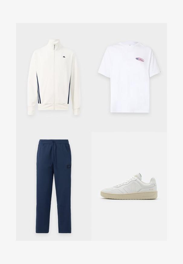 Witte zip-up jas van gladde stof met marineblauwe zijstrepen. Hoge kraag en logo op de linkerborst. Standaard pasvorm.; Witte T-shirt met korte mouwen en een klein ovaalvormig roze en blauw logo op de linkerborst, afgebeeld tegen een effen lichte achtergrond.; Donkerblauwe joggingsbroek van een zachte katoenmix, met een elastische tailleband met trekkoord en een klein merkje op de heup.; Witte leren sneakers met een gestructureerde afwerking en een gevoerde kraag. Voorzien van een beige rubberen zool en subtiele branding op de hiel en zijkant.