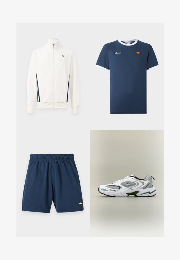 Veste blanche zippée en tissu lisse, avec des rayures latérales bleu marine. Col haut et logo sur la poitrine à gauche. Coupe standard.; T-shirt bleu marine à manches courtes avec bord blanc au col et aux manches, avec un écusson du logo ellesse et un petit emblème orange-rouge sur la poitrine.; Shorts décontractés bleu marine avec taille élastique et petit logo jaune sur le bas de la jambe gauche, présentés à plat sur fond blanc.; Baskets de course blanches et grises avec des panneaux en mesh, accents verts, détails noirs et un logo sur le côté, présentées par l'extérieur.