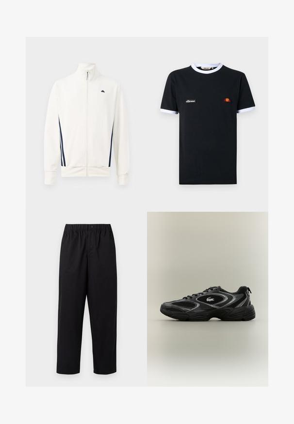 Hvid zip-jakke lavet af glat stof med marineblå sidelister. Høj krave og logo på venstre bryst. Standard pasform.; Sort t-shirt med korte ærmer med hvid kant på krave og ærmer, med et lille "ellesse" logo-patch og en halvcirkelformet orange og rød emblemlogo.; Sorte, vide ben bukser med elastisk talje og en enkelt knap. Lavet af et glat, letvægtsstof. Lige kant.; Sort og grå atletisk sneaker med mesh-paneler, snørebåndsdesign, tyk sål og et lille krokodillelogo på siden.