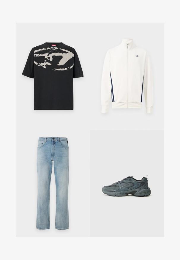 Hvid zip-jakke lavet af glat stof med marineblå sidelister. Høj krave og logo på venstre bryst. Standard pasform.; Sort t-shirt med et stort, abstrakt lys grå grafik foran. Korte ærmer og en klassisk rund halsudskæring. Materialet er bomuld.; Lyseblå denim jeans med en afslappet pasform, der har subtile slidte detaljer og et klassisk fem-lomme-design.; Grå atletisk sko med tekstureret overdel, rund tå og tyk sål med sorte accenter. Har snørebånd og en løftestrop på hælen.