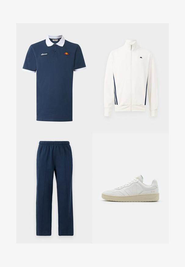 Veste blanche zippée en tissu lisse, avec des rayures latérales bleu marine. Col haut et logo sur la poitrine à gauche. Coupe standard.; Polo bleu marine avec col blanc et bordures aux manches, patte à deux boutons, logo Ellesse et emblème orange-rouge sur la poitrine.; Pantalons bleu marine à taille élastique avec une coupe décontractée. Présente des détails de couture verticaux et une texture en coton doux.; Baskets en cuir blanc avec une finition texturée et un col rembourré. Elles sont dotées d'une semelle en caoutchouc beige et d'une discrète branding sur le talon et le côté.
