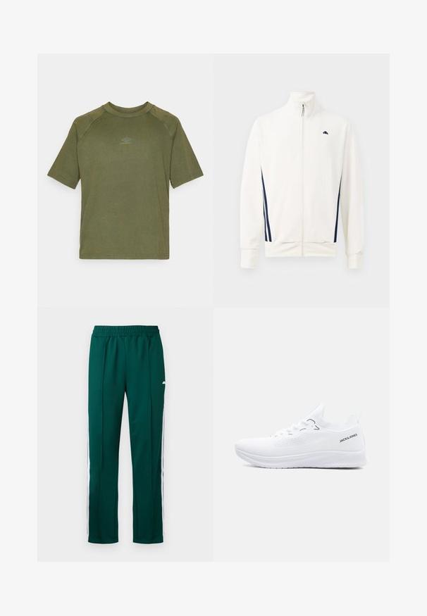 Witte zip-up jas van gladde stof met marineblauwe zijstrepen. Hoge kraag en logo op de linkerborst. Standaard pasvorm.; Olijfgroene kortonna shirt van katoen, met een ronde hals en een klein grijs logo op de borst. Gladde textuur.; Groene sportbroek met een elastische tailleband, voorzien van witte zijstrepen en een recht ontwerp. Gladde textuur, moderne pasvorm.; Witte lage sneaker van gebreid materiaal met een gestructureerde zool, veters aan de voorkant en het "JACK & JONES" logo aan de zijkant van de hielkraag.