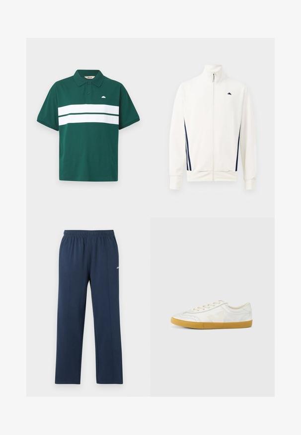 Witte zip-up jas van gladde stof met marineblauwe zijstrepen. Hoge kraag en logo op de linkerborst. Standaard pasvorm.; Groene polo shirt van katoen met een witte horizontale streep over de borst. Voorzien van een klassieke kraag en een klein logo aan de linkerkant.; Navyblauwe sweatpants met rechte pijpen, een elastische tailleband en subtiele verticale naden, met een klein wit logo op het bovenbeen.; Witte leren sneaker met een gladde textuur, voorzien van een beige 'V' logo, ronde neus, vetersluiting en een zool van gumrubber.