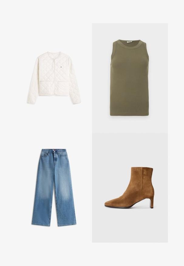 Veste blanche matelassée à manches longues avec col rond, boutons pression devant, deux poches avant et petit logo rectangulaire sur la poitrine gauche.; Haut sans manches vert olive en tissu côtelé, avec un col rond et une silhouette ajustée aux bords nets.; Jean en denim bleu clair à jambes larges avec fermeture devant par bouton et zip et cinq poches, étalé à plat sur fond blanc.; Bottine en daim marron avec un bout pointu et un talon moyen slim, vue de côté sur fond blanc uni.