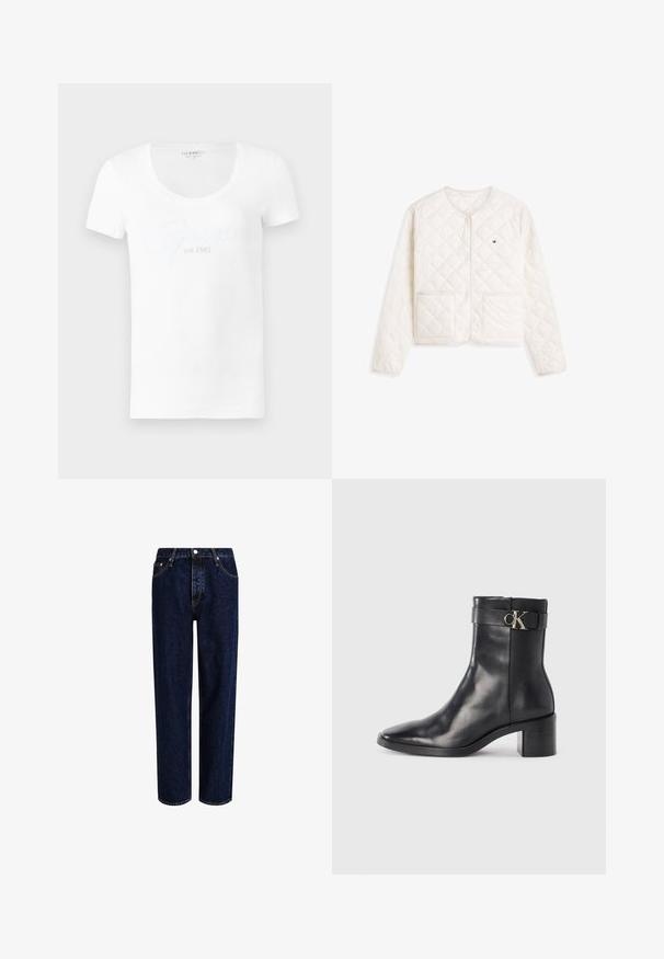 Veste blanche matelassée à manches longues avec col rond, boutons pression devant, deux poches avant et petit logo rectangulaire sur la poitrine gauche.; T-shirt blanc à manches courtes en coton : il présente un col rond et un logo texturé « Guess est.1981 » en blanc assorti sur l'avant.; Jeans en denim bleu foncé avec une coupe droite, dotés d'une taille haute, d'un style à cinq poches et de coutures contrastantes. Sans embellissements.; Botte de cheville en cuir noir avec un bout pointu, un talon carré et une sangle avec un détail de logo métallique. Texture lisse et design minimaliste.