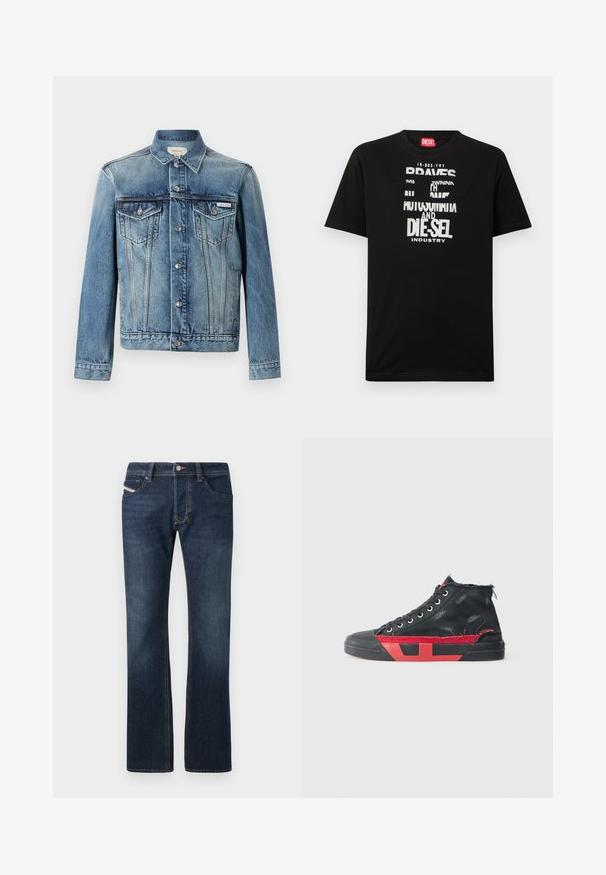 Blauwe spijkerjas met knopen aan de voorkant, twee borstzakken met klep, lange mouwen en Calvin Klein-logo op de linkerzak.; Zwart katoenen T-shirt met opvallende witte tekstgrafieken, waaronder "DIESEL" en "INDUSTRY", met een ronde hals en korte mouwen.; Donkerblauwe denim jeans met een rechte pijp, vijf zakken en subtiele stiksels. Bevat een metalen knoop en ritssluiting.; Zwarte hoge sneakers met rode accenten en een versleten afwerking. Heeft een gestructureerde canvas bovenkant en een rubberen zool met uitsnijdingen.