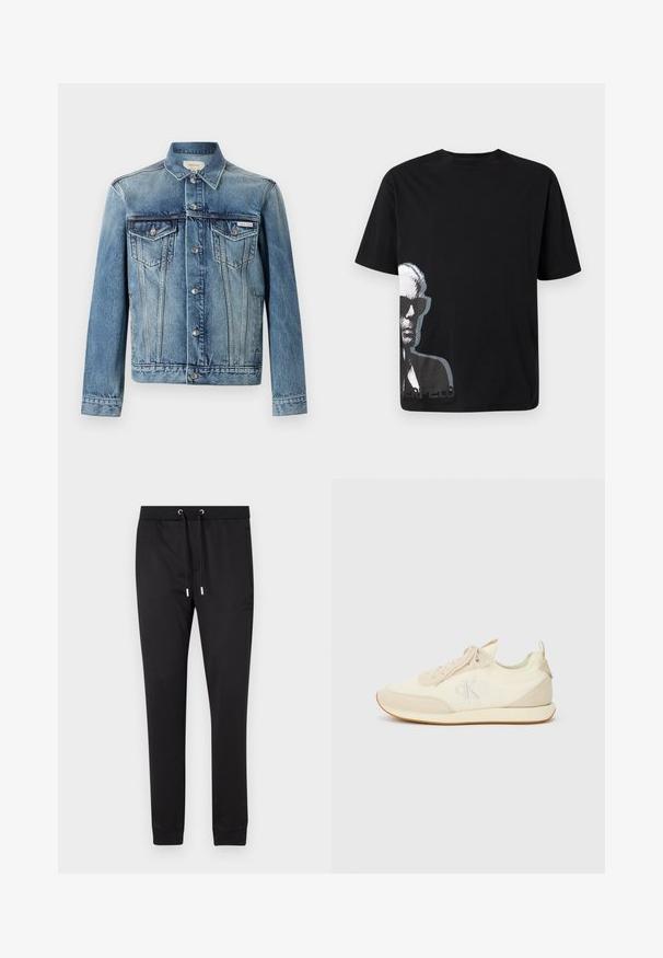 Blaue Jeansjacke mit Knopfleiste, zwei Brustklappentaschen, langen Ärmeln und Calvin Klein Logo auf der linken Tasche.; Schwarzes T-Shirt mit kurzen Ärmeln, das auf der unteren linken Seite eine graustufige Grafik eines Mannes mit Sonnenbrille zeigt.; Schwarze Jogginghosen aus weichem Stoff mit elastischem Bund und Kordelzug, Seitentaschen und engen Bündchen an den Knöcheln.; Sportliche Sneakers in Creme und Beige mit einem Obermaterial aus glattem Stoff und Wildlederakzenten. Dezente Logodetails und Gummisohle mit kontrastierenden Kanten.