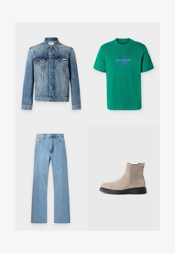 Blå denimjakke med knapper foran, to brystlommer med klap, lange ærmer og Calvin Klein-logo på venstre lomme.; Grøn kortærmet t-shirt med blå "cK" og hvid "Calvin Klein" logo trykt på brystet, med rund halsudskæring.; Lyseblå straight-leg jeans i denim med fem-lomme-design og knaplukning i taljen, vist mod en ensfarvet baggrund.; Beige ruskinds Chelsea-støvle med elastiske sidepaneler, en pull-tab og en sort gummisål. Slankt design med rund tå.