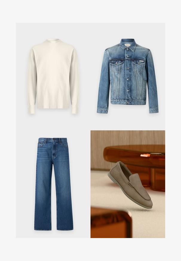 Blauwe spijkerjas met knopen aan de voorkant, twee borstzakken met klep, lange mouwen en Calvin Klein-logo op de linkerzak.; Langsleeve, shirt met hoge kraag van lichtroom katoen. Gladde textuur, relaxed fit, minimalistisch ontwerp, geen zichtbare patronen of accenten.; Blauwe high-waisted jeans met rechte pijpen, voorzien van een knoop- en ritssluiting aan de voorkant, vijf zakken en een klein merklabel op de rechterzak.; Beige suède instapschoen met zichtbare stiksels en lichte zool, geplaatst bovenop een crèmekleurig tapijt, met oranje doorschijnend meubilair op de achtergrond.