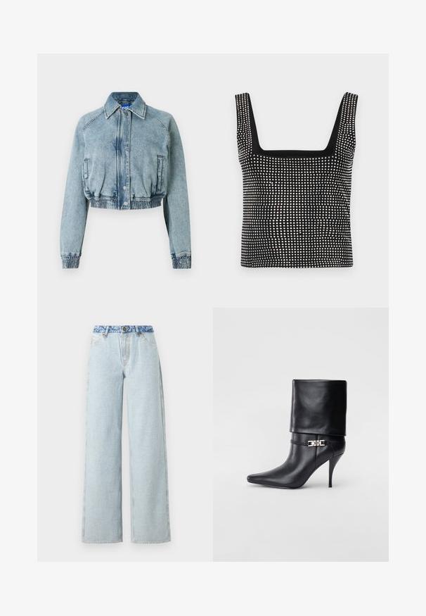 Orezaná rifľová bunda svetlomodrej farby, so zapínaním na cvoky vpredu, bočnými vreckami a elastickým pásom a manžetami.; Good American CRYSTAL TANK - Top - black; Svetlomodré široké džínsy s vyblednutým umývaním, s kontrastným modrým denimu v páse a tradičným päťvreckovým dizajnom.; Čierna kožená členková topánka s špicatou špičkou, vysokým ihlovým podpätkom, prehnutým manžetom a zlatým dekoratívnym sponou na členku.
