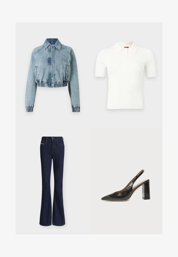 Veste en jean courte bleu clair délavé, dotée d'une fermeture à bouton-pression à l'avant, de poches latérales et d'une taille et des poignets élastiqués.; Polo blanc à manches courtes côtelé avec un col à boutons, présenté sur un fond clair uni.; Jean en denim bleu foncé taille haute, jambes évasées, poches avant et fermeture à boutons sur un fond clair uni.; Chaussure slingback en cuir noir à bout pointu avec un talon bloc haut et une doublure intérieure beige sur un fond clair uni.